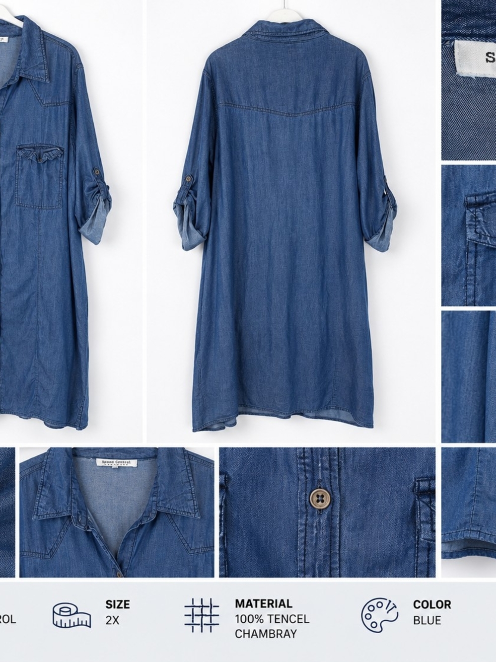 Speed Control New York Women's Chambray Button Front Shirt Dress 2X Blue